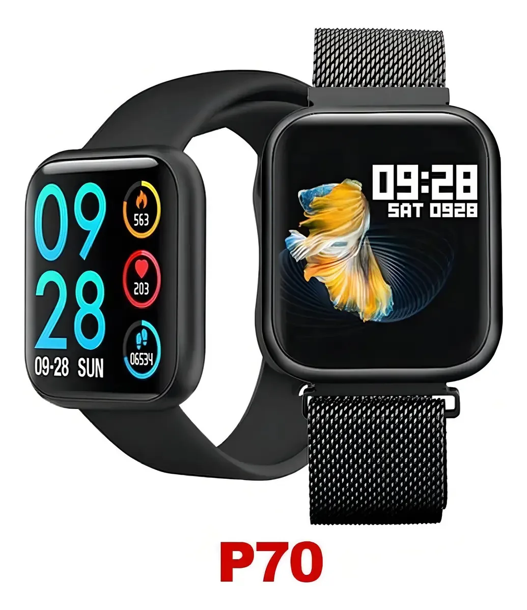 Smartwatch P70 Preto Com Bluetooth e 2 Pulseiras