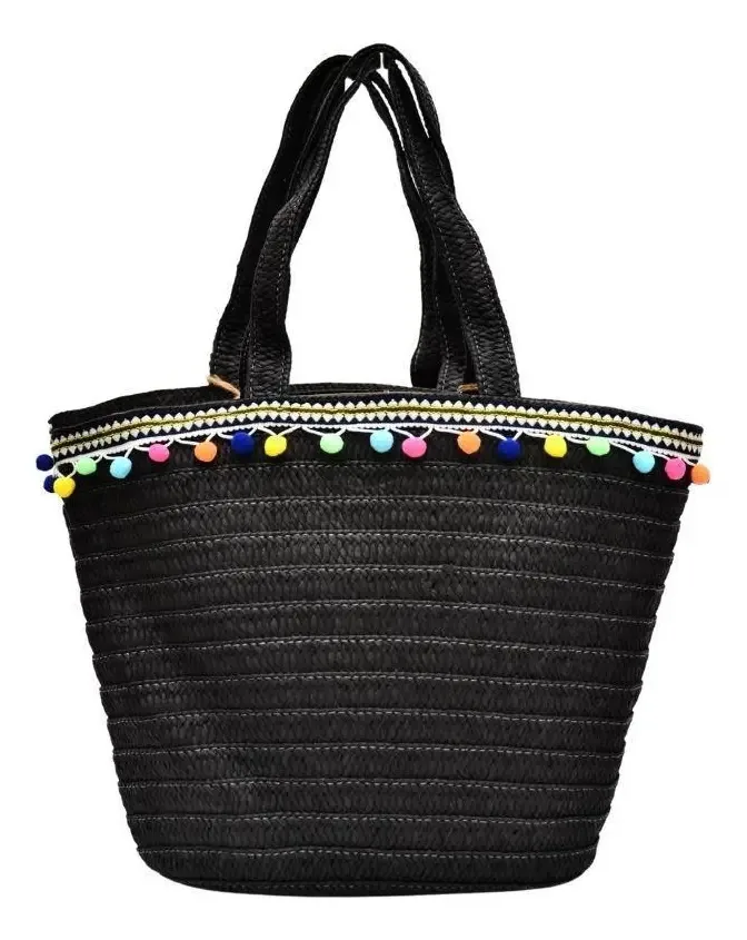Bolsa Em Palha Com Pompons Tote Bag Pagani Pg6926 Preto