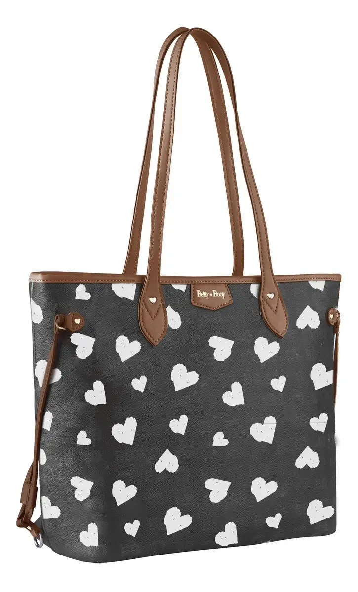 Bolsa Feminina Betty Boop Corações Alça Dupla De Ombro Acambamento Dos Ferragens Ouro Cor Preta E Branco