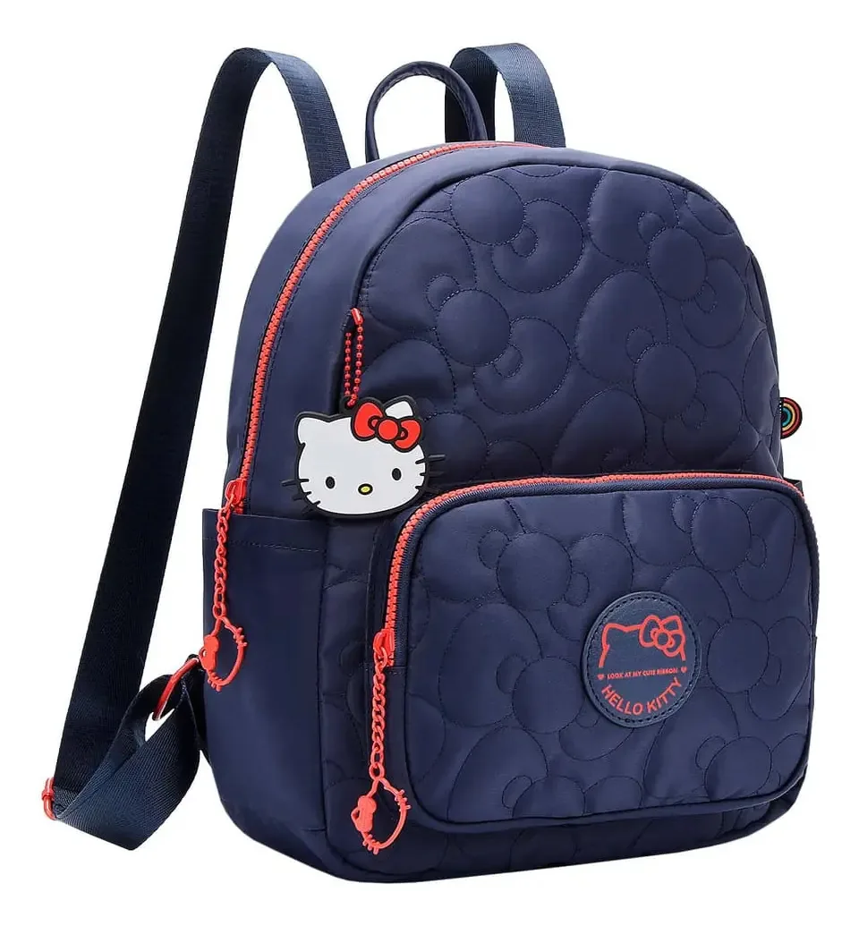 Mochila Feminina Hello Kitty Detalhes Laços E Chaveiro Cor Azul