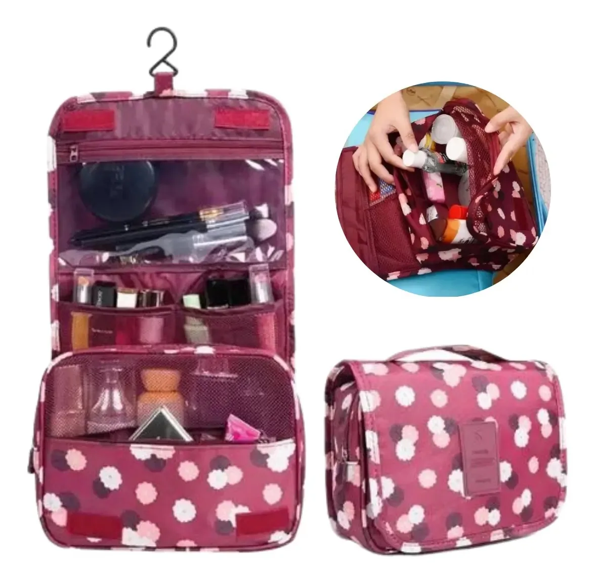Necessaire Feminina Organizadora Mala Viagem Gancho Higiene Cor Bordô
