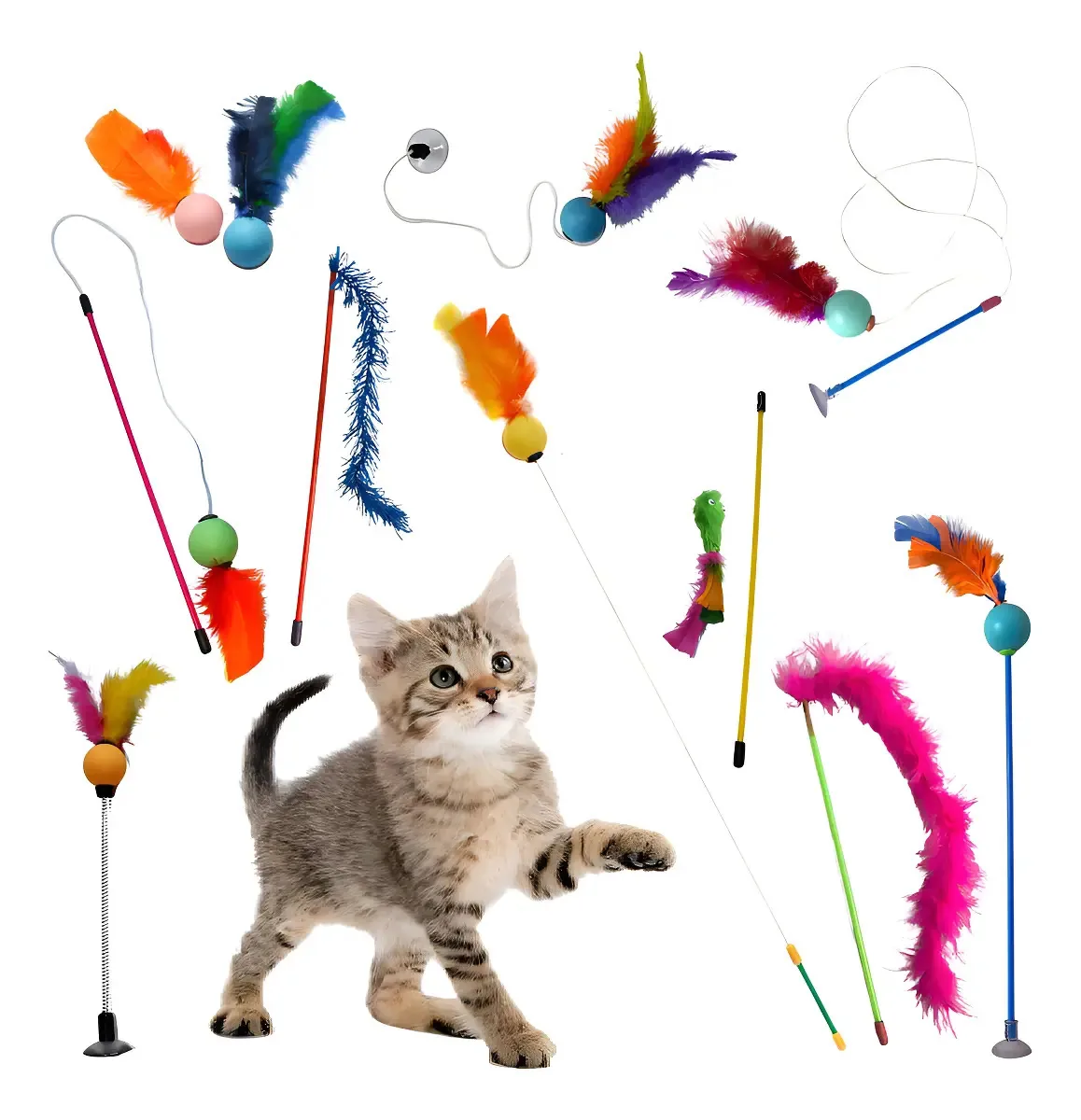 Kit 10 Brinquedos Interativos Para Gatos Plumas e Penas Pet Varinha e Bolinha