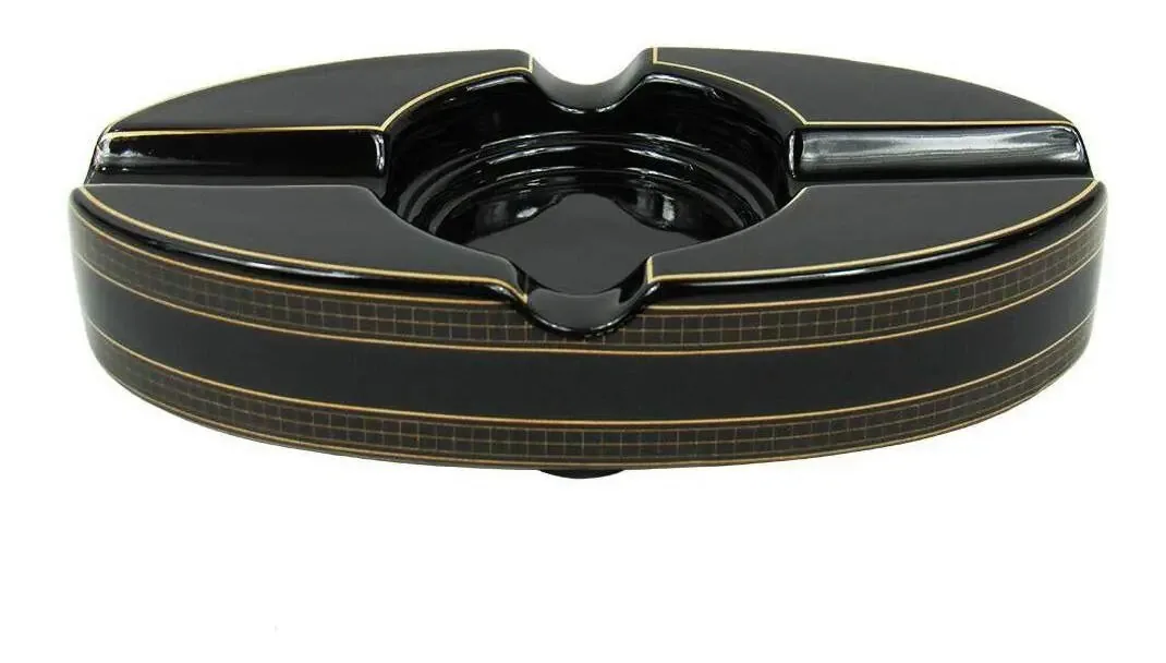 Cinzeiro Decorativo Oval Mesa Charuto Cerâmica Preto Dourado