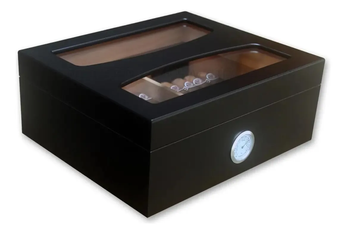 Caixa Umidora Black P/50 Charutos Bipartida Higrômetro Cedro