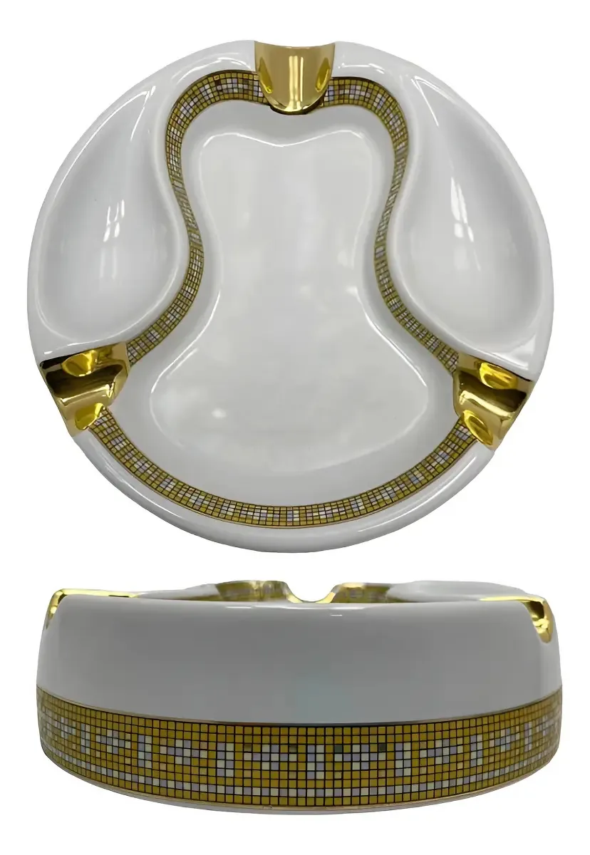 Cinzeiro De Mesa Redondo Luxo Charutos Branco E Dourado 20cm Liso
