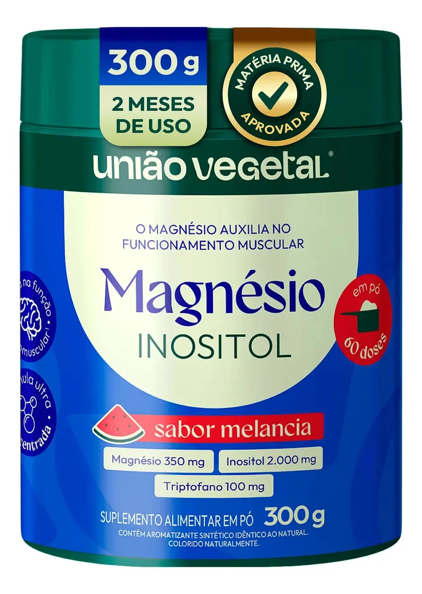 Magnésio Inositol com Triptofano em Pó – 350mg Magnésio + 2.000mg Inositol + 100mg Triptofano – O Magnésio Auxilia no Funcionamento Neuromuscular e Muscular – União Vegetal 300g 60 Doses