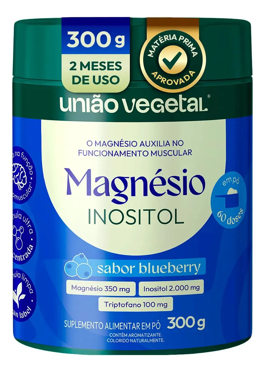 Magnésio Inositol com Triptofano em Pó – 350mg Magnésio + 2.000mg Inositol + 100mg Triptofano – O Magnésio Auxilia no Funcionamento Neuromuscular e Muscular – União Vegetal 300g 60 Doses
