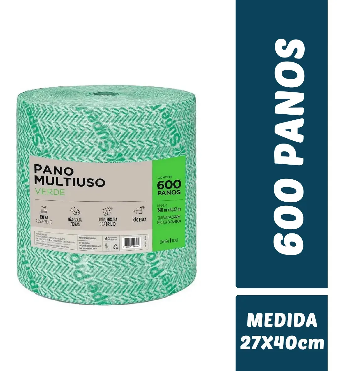 Pano Multiuso Tipo Perfex Rolo 600 Panos Verde Verde
