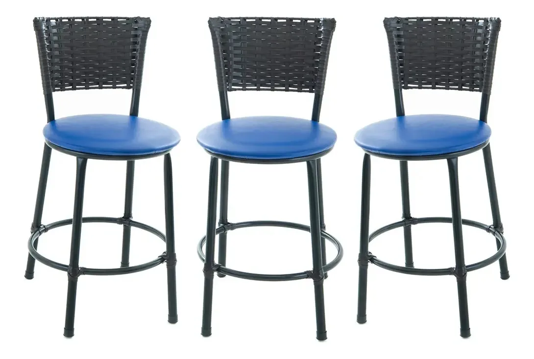 Kit 3 Banqueta Baixa Junco Tabaco Estilo E Conforto Cor Azul