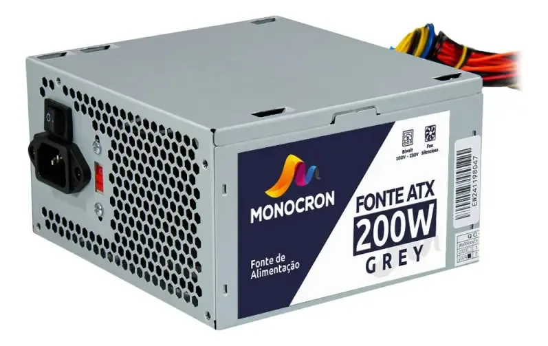 Fonte de Alimentação Monocron ATX 200W Cinza com Proteções e Ventilador 12cm