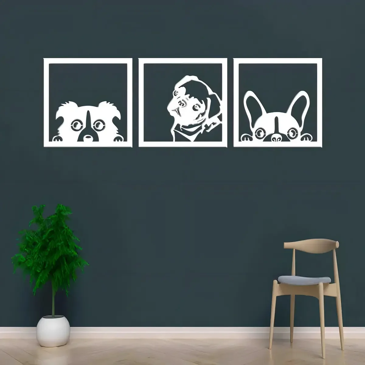 Trio Quadros Decorativos Vazados Cachorros - Mdf-3mm