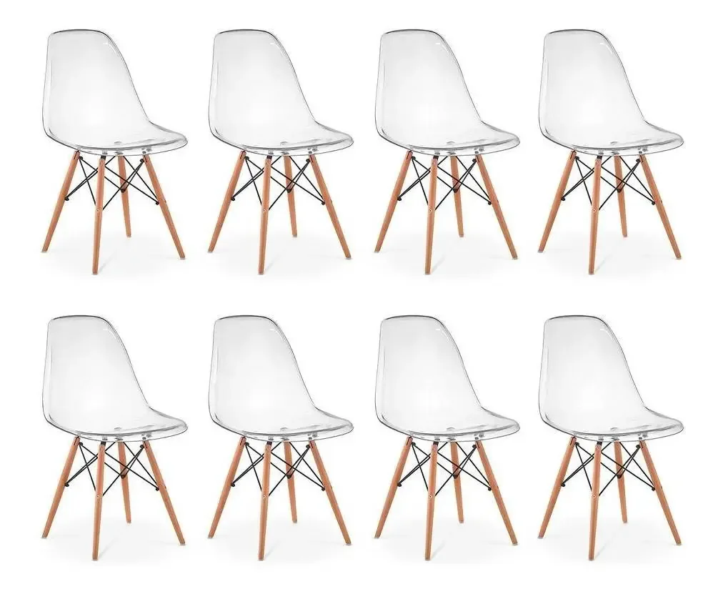Kit 08 Cadeiras Eiffel Wood Policarbonato - Transparente