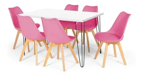Mesa De Jantar Hairpin 130x80 Branca + 6 Cadeiras Leda