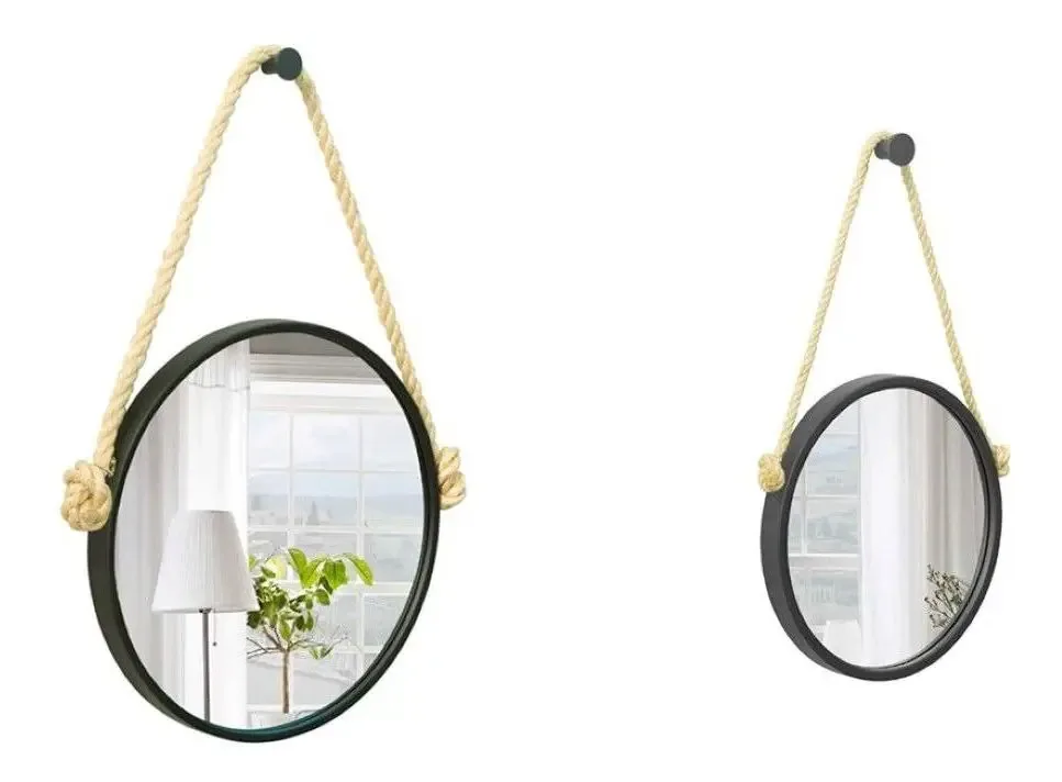 Kit Espelhos Adnet Preto 30 Cm + 20 Cm Corda Sisal Natural