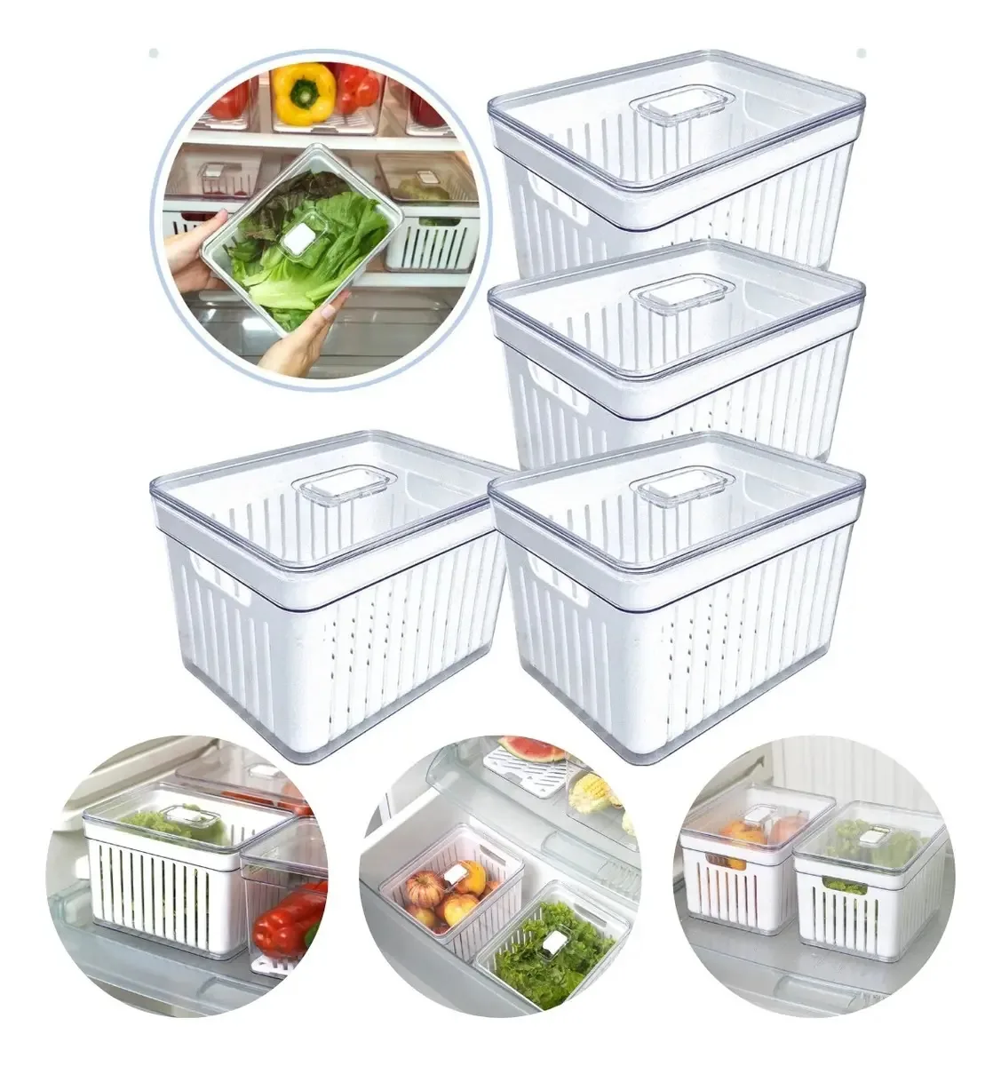 Kit 4 Organizadores Geladeira 3,8 Litros Retangular Cozinha Cor Transparente