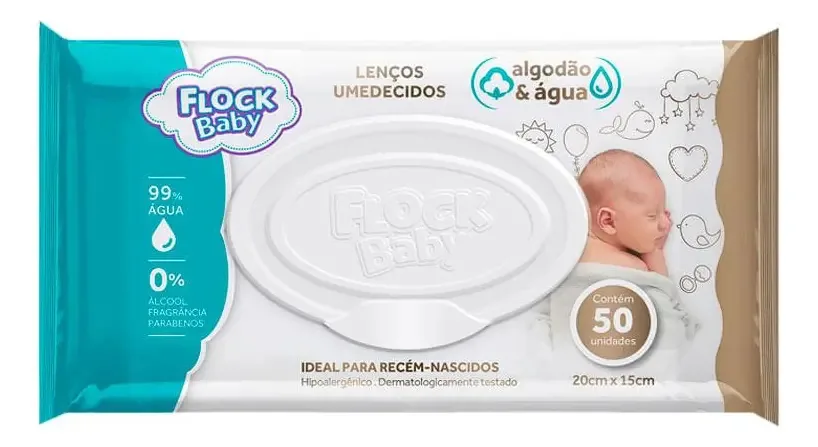 Lenços Umedecidos Flock Baby Algodão Água Hipoalergênico 50 Unidades