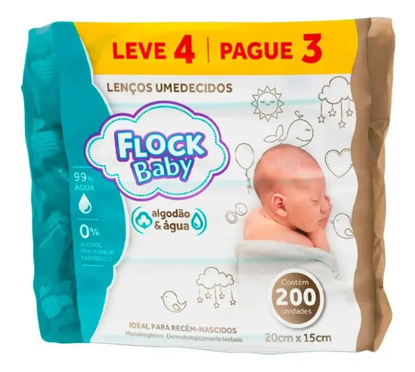 Conj Lenços Umedecidos Flock Baby Algodão & Água200 Unidades