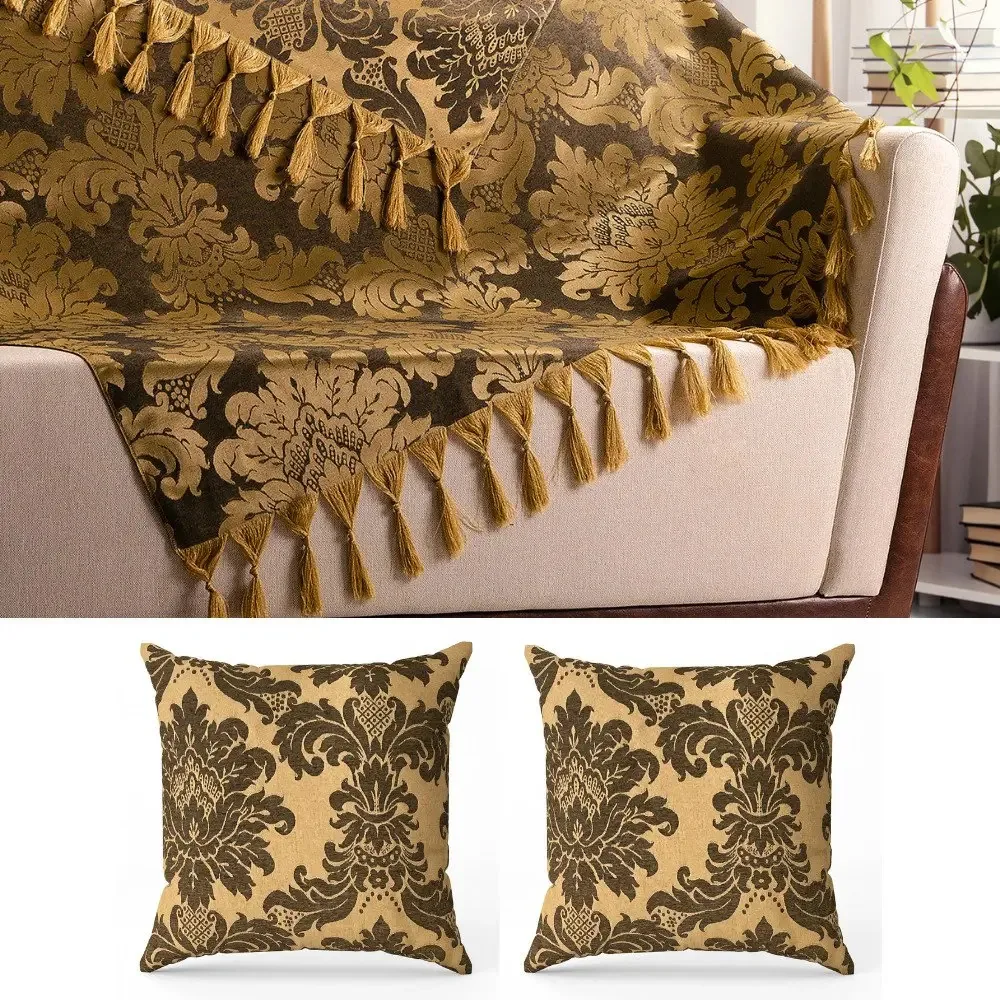 Kit 1 Manta Sofá 3,00 X 2,00 + 2 Capas Almofada Dourado Desenho Medalhão