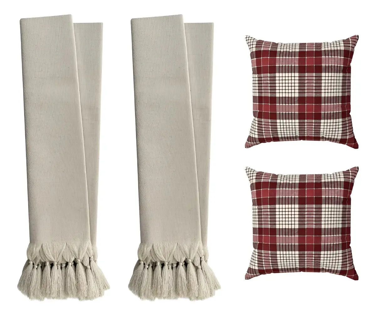 Kit 2 Mantas Decorativas para Sofá com 2 Capas Almofadas Linho Xadrez Vermelho