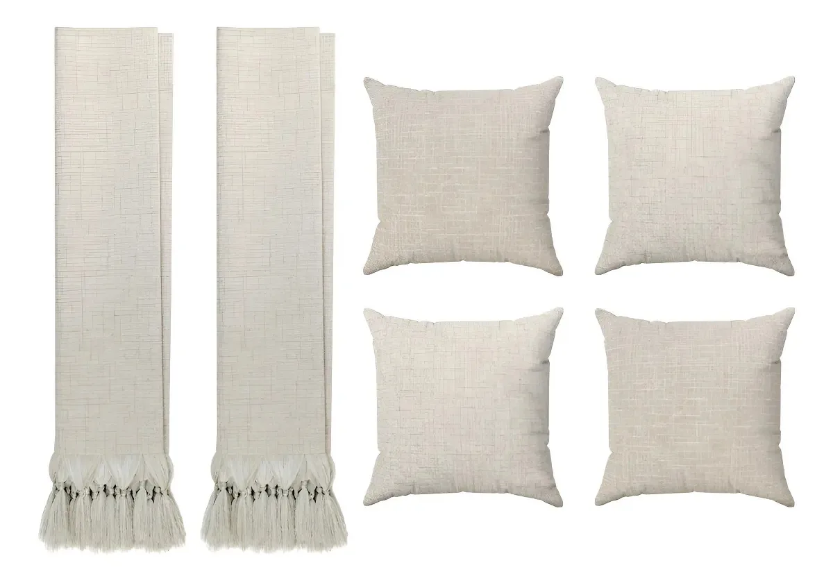 2 Mantas Decorativas Sofá Jacquard Linho Cru 2,20m + 4 Capas Desenho Lisa