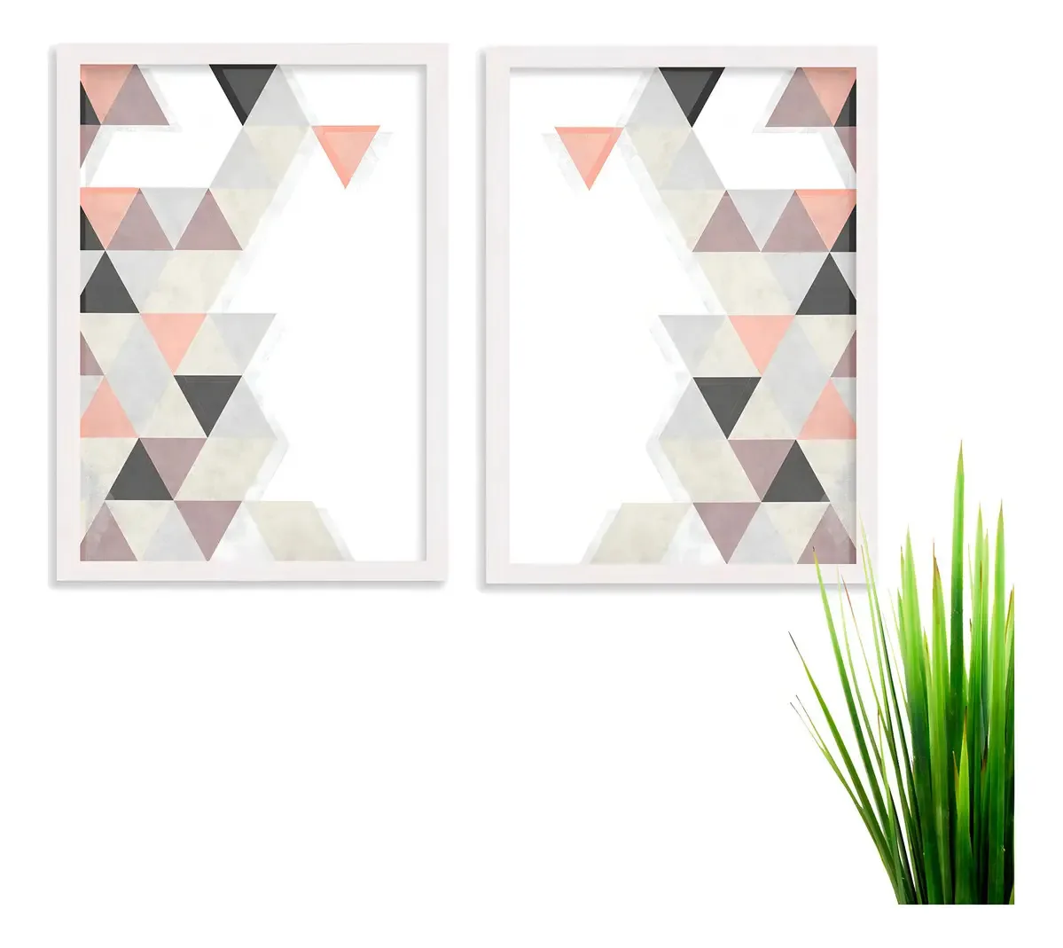 Kit 2 Quadros Abstrato Triangulos Bege