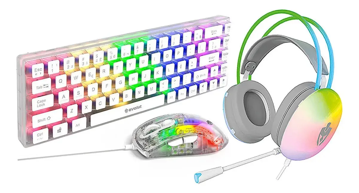 Kit Gamer Lumini Teclado Mecânico 60% Mouse 6 Botões Headset Mouse Transparente Teclado Transparente