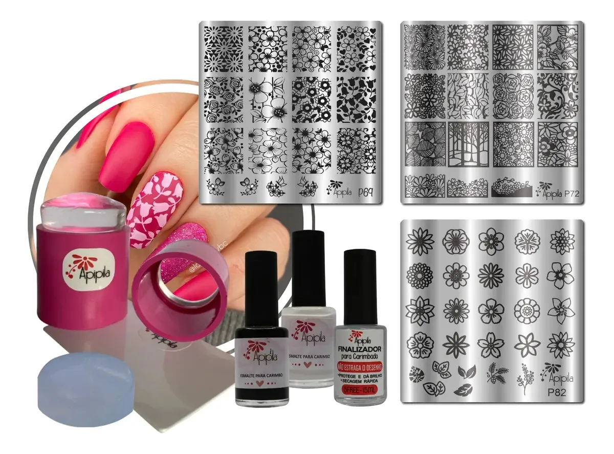 Kit Placas Carimbos Unhas Apipila Flores 3 Unid