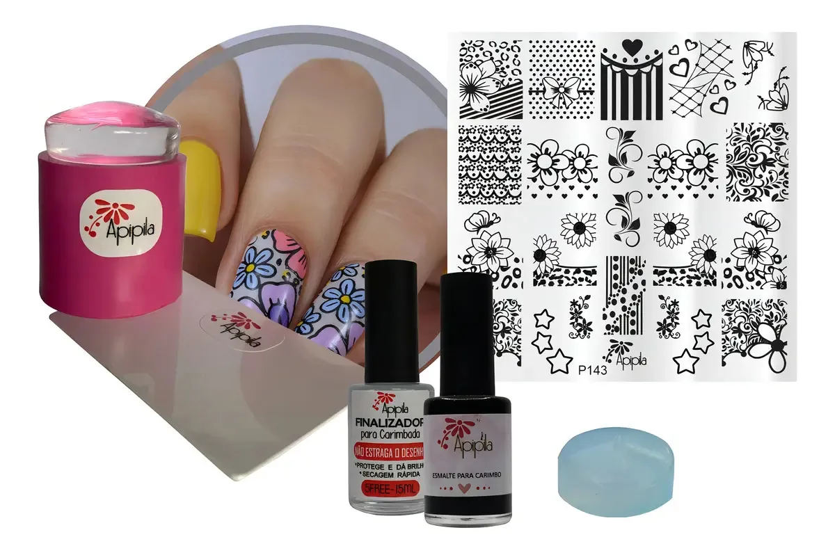Kit Placa Carimbos De Decoração Unhas Apipila P143 Flores