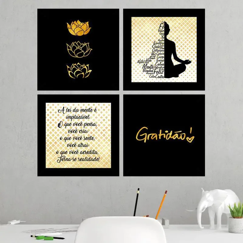 Quadros Decorativos 4 Quadros 19 X19 Budismo Gratidão
