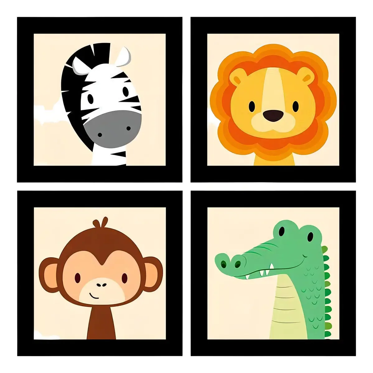 Quadro Decorativo Safari para Sala com 4 Peças e Moldura Preta de Madeira
