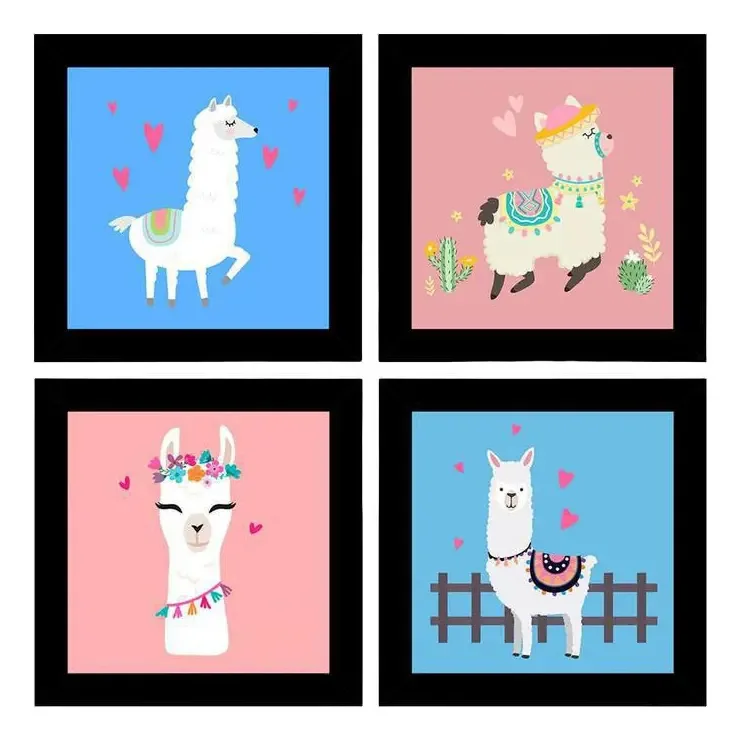 Quadros Decorativos 4 Quadros 19x19cm Cada Lhamas Cute