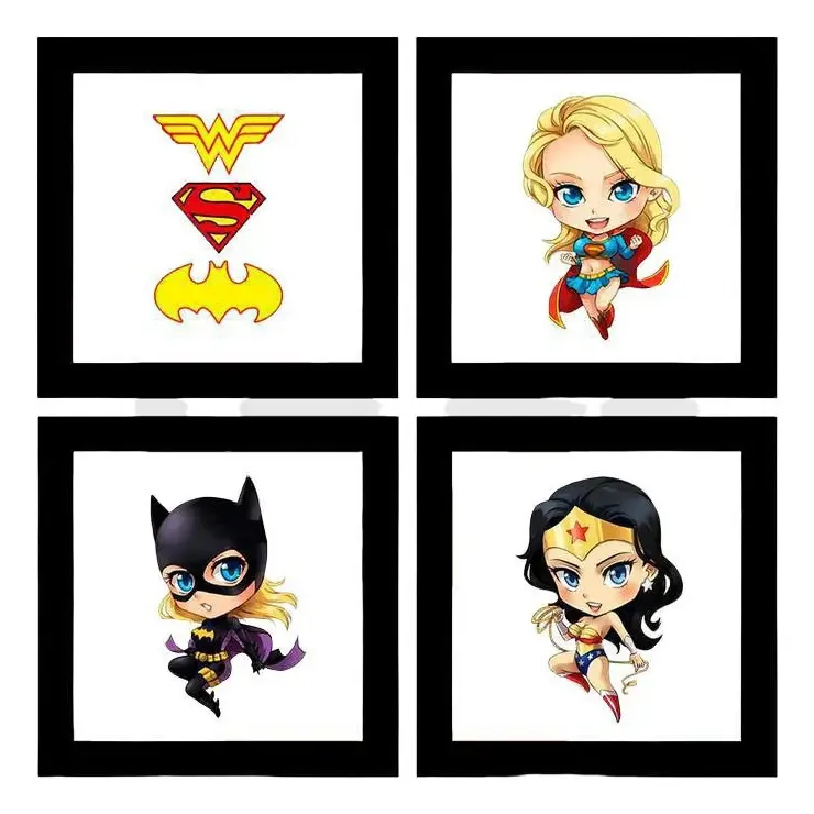 Quadros Decorativos 4 Quadros 19x19cm Cada Heroínas Desenho