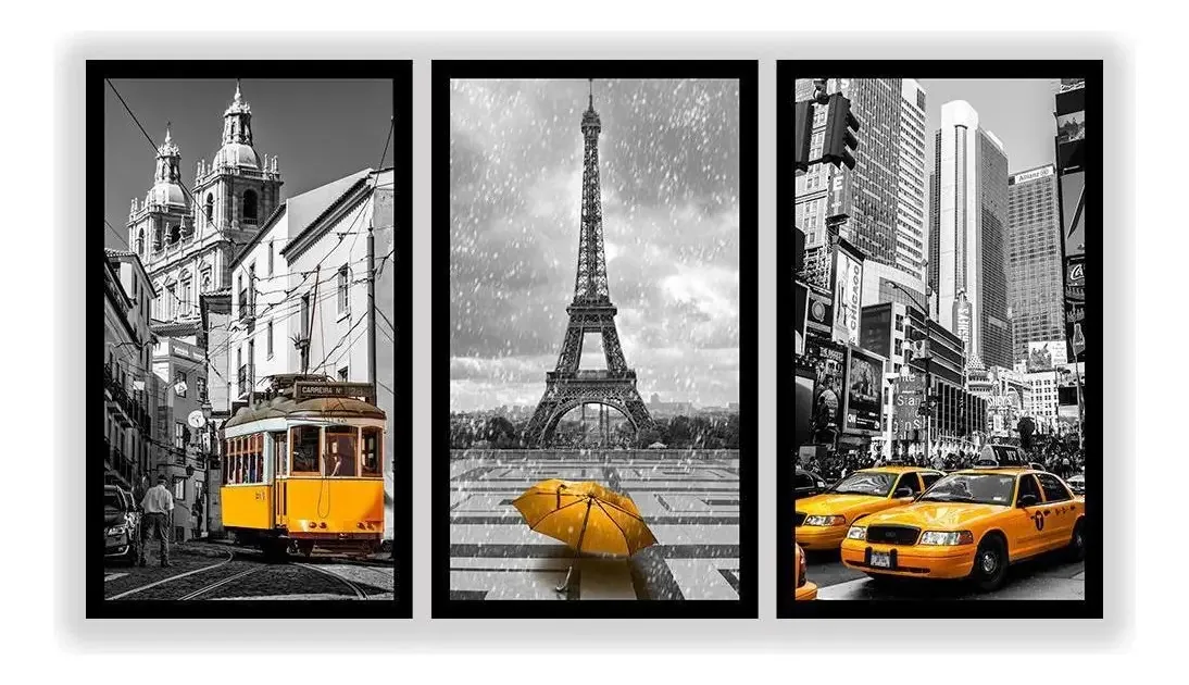 Kit 3 Quadros Decorativos Grandes Cidades Amarelo