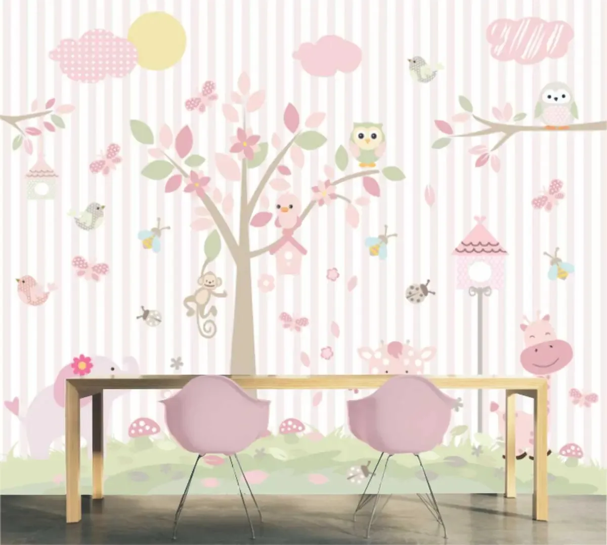 Adesivo Infantil Papel Parede Girafinha Selva Listra Rosa 75