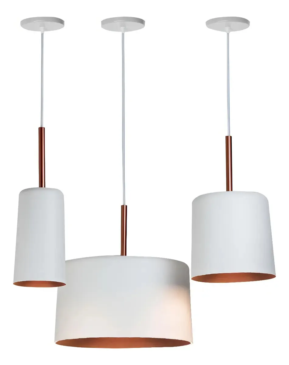 Kit Pendentes Bilboquê Branco/cobre Ø12cm Ø35cm Ø20cm