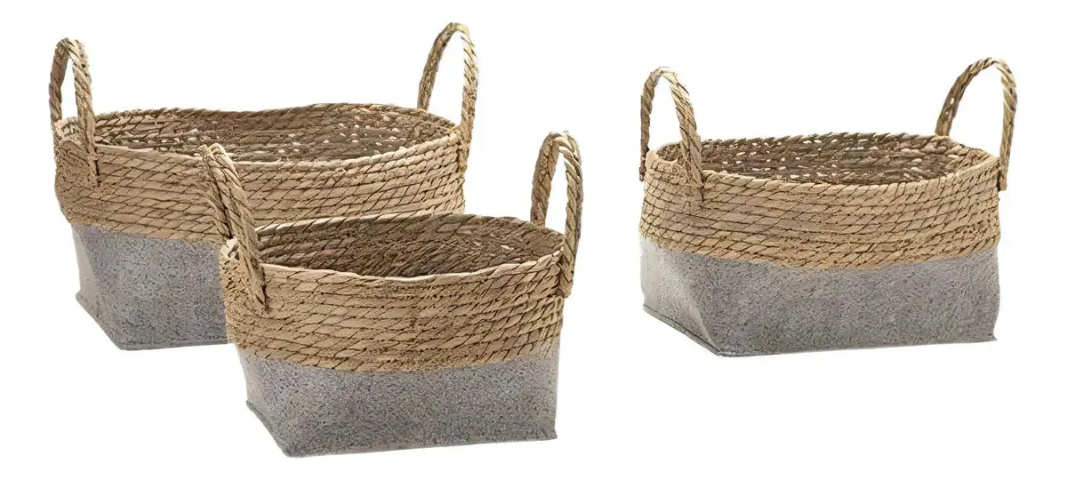 Kit 3 Cestos Multiuso Fibra Natural E Feltro Organização