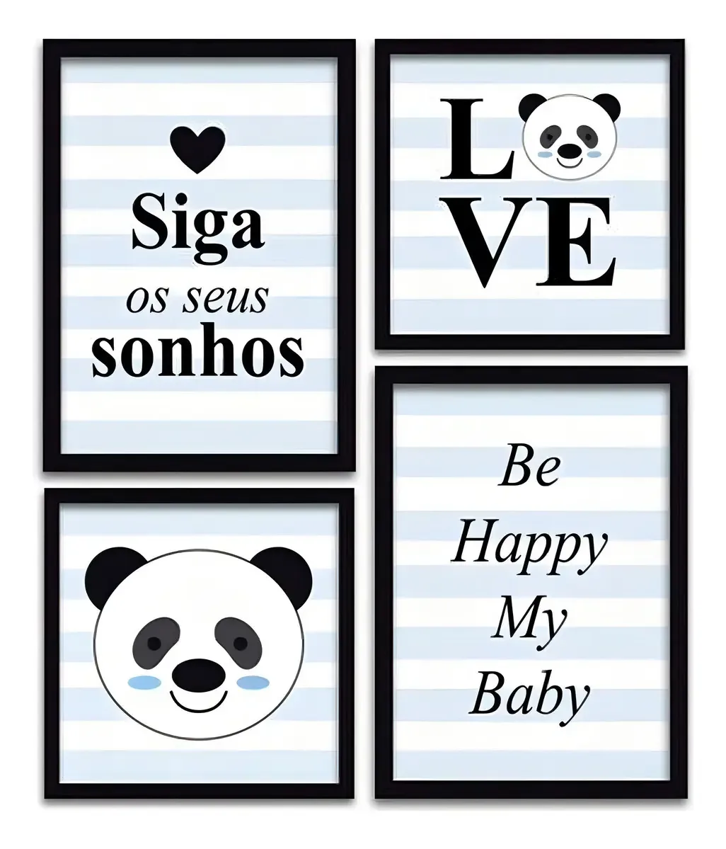 Conjunto Quadros Decorativos 4 Peças  Panda Baby
