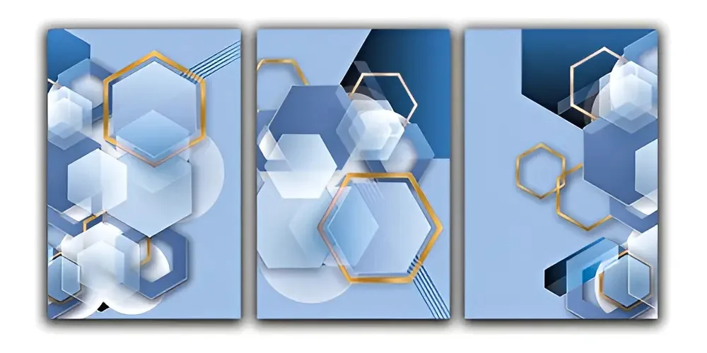 Kit Placas Quadros Decorativos 3 Peças 20x30 Azul Poligonal