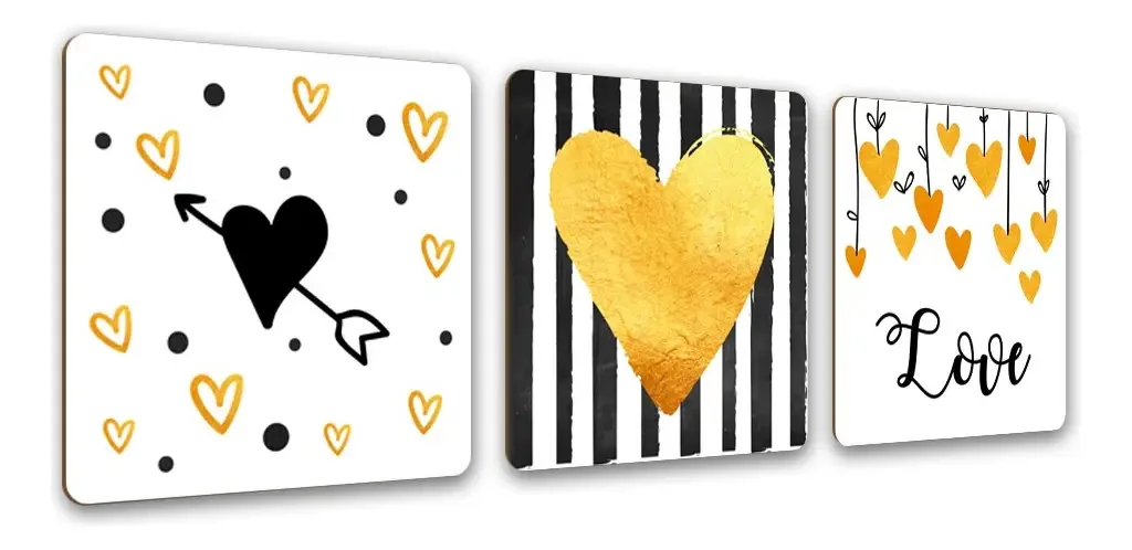 Conjunto Placas Quadros Decorativos 3 Pçs 20x20 Love Gold