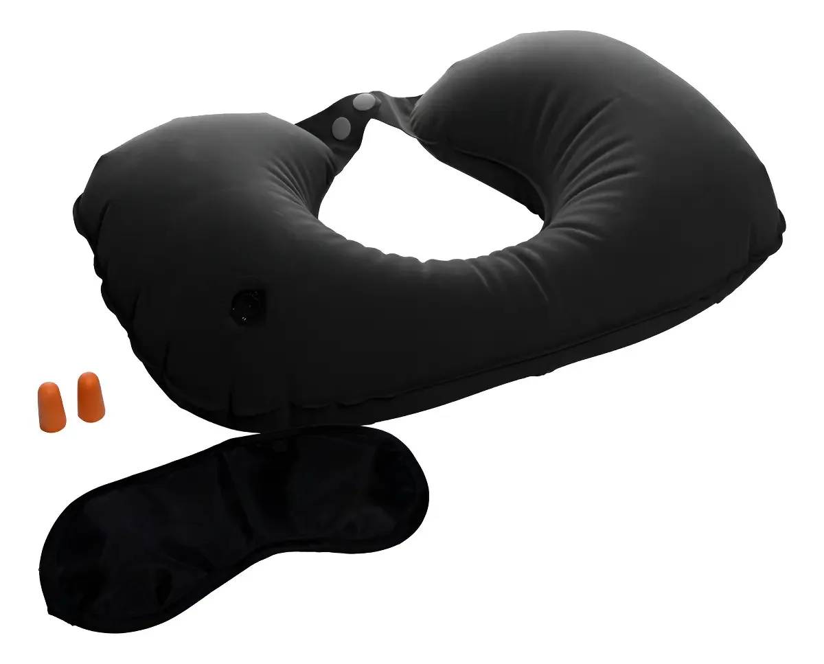 Kit Viagem Travesseiro Inflável Mascara E Plug Para Ouvidos Cor Preto