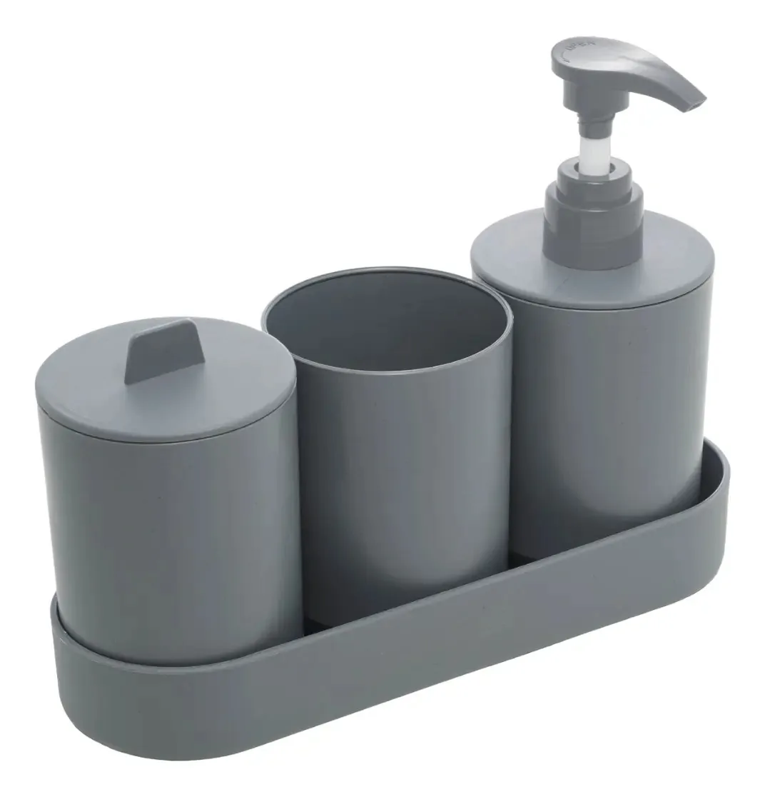 Kit Acessórios Banheiro 4 Peças Lyor Plástico Pp E Bambu Cor Cinza