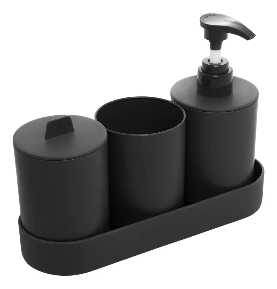 Kit Acessórios Banheiro 4 Peças Lyor Plástico Pp E Bambu Cor Preto
