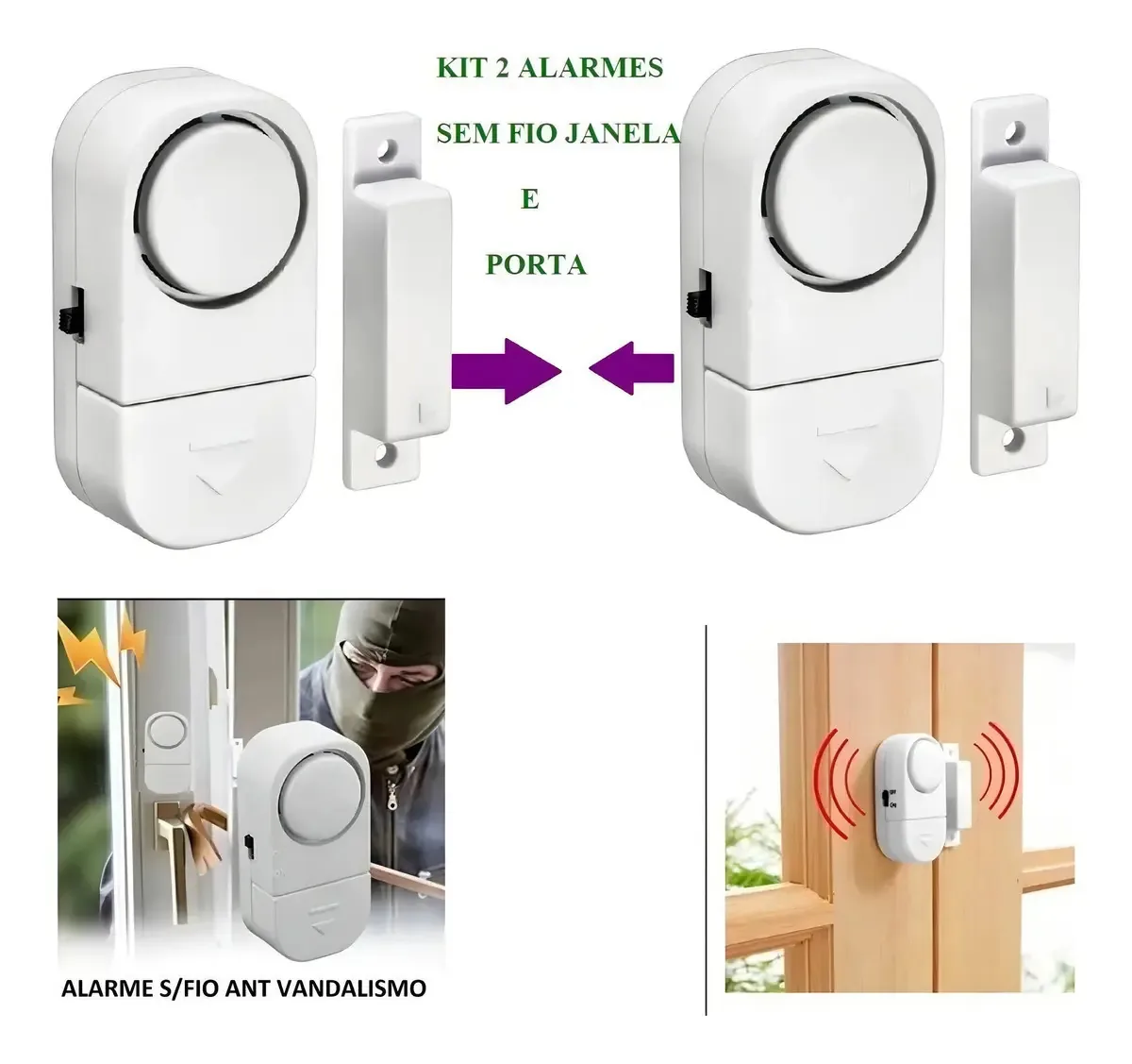 Kit 2 Sensores Alarme Magnético Sirene Para Porta E Janela