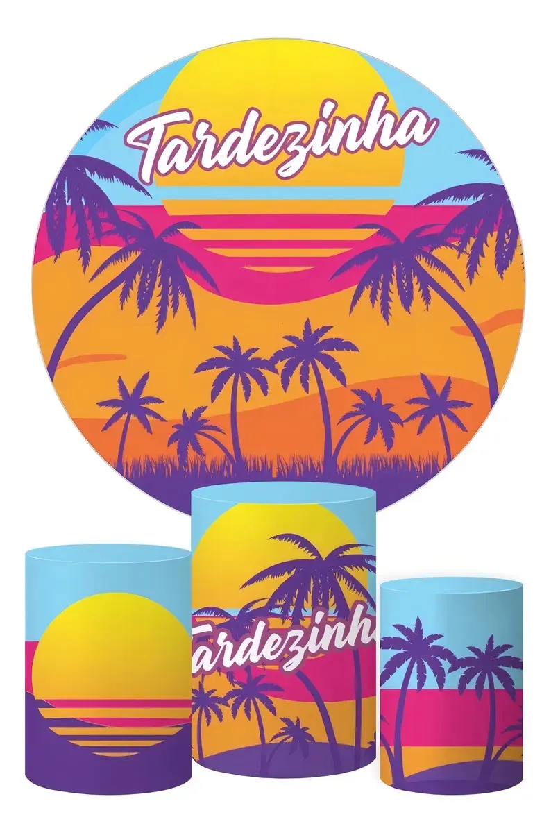 Kit Painel Redondo Tecido Poliéster e 3 Capas Cilindro Festas Tardezinha