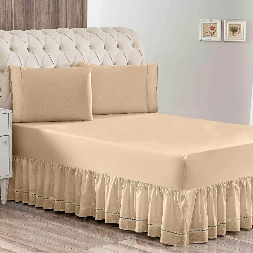 Kit Lençol Roupa De Cama Com Babado Queen Com 3pçs Cor Cáqui