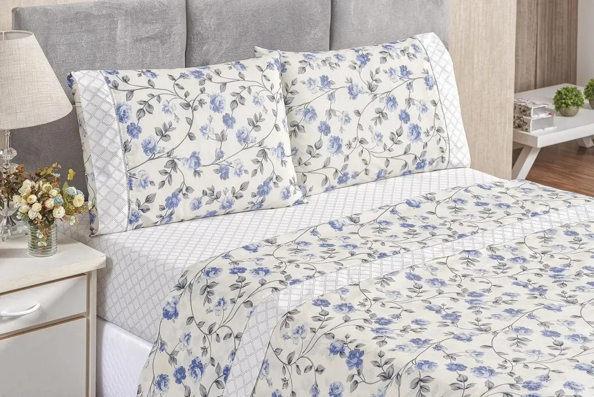 Jogo Cama Solteiro Requinte 3 Peças Percal 180 Floral Azul