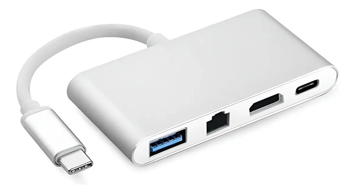 Adaptador Multiportas USB-C para HDMI, RJ45 e USB 3.0 em Prateado