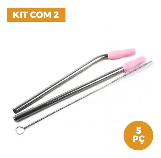 Kit 2 Canudos Inox Ecológicos Reutilizáveis + Escova Limpeza Cor Prateado