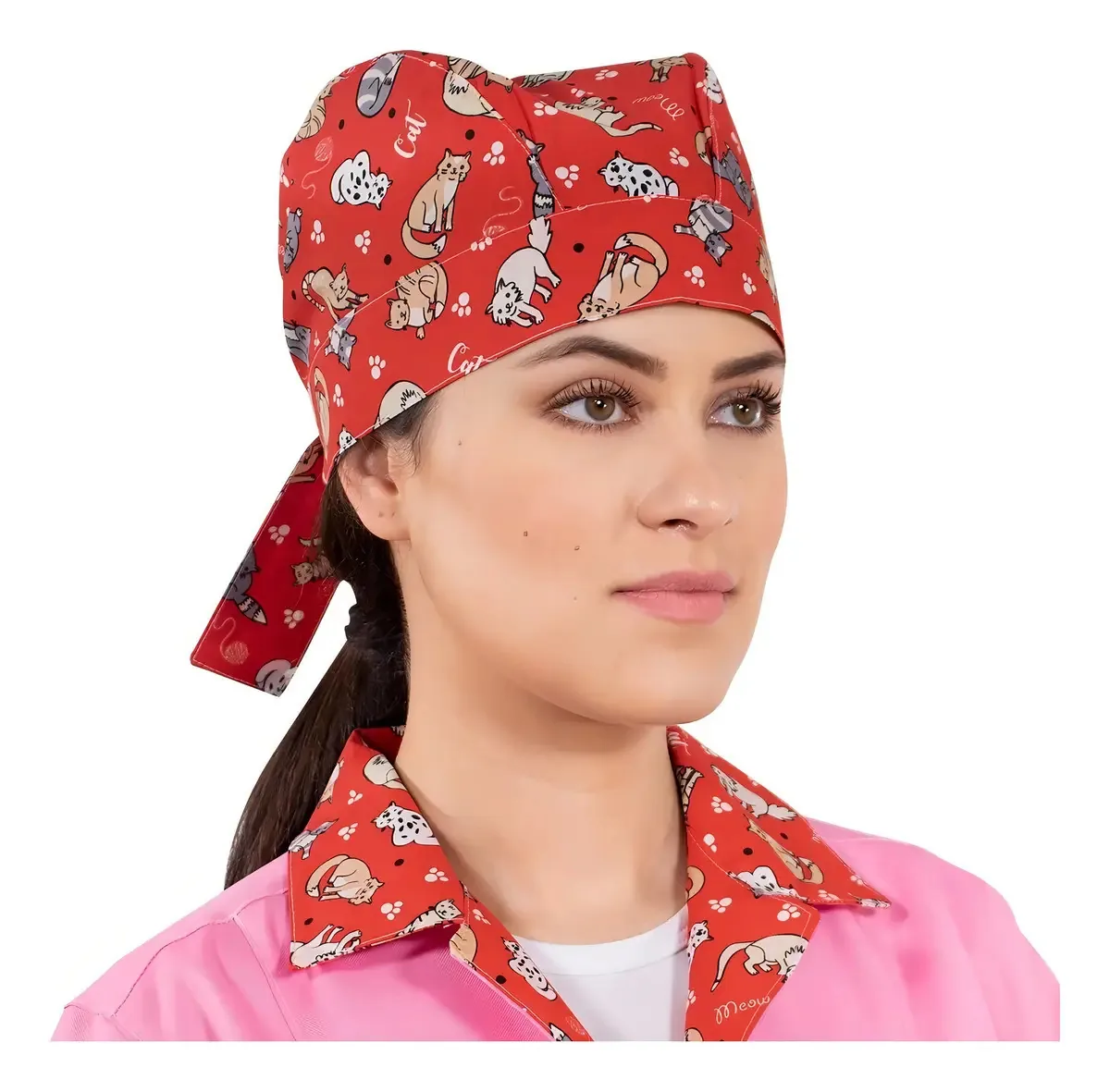 Bandana Estampada Gatinhos Touca Veterinário Pet Shop Cor Vermelho