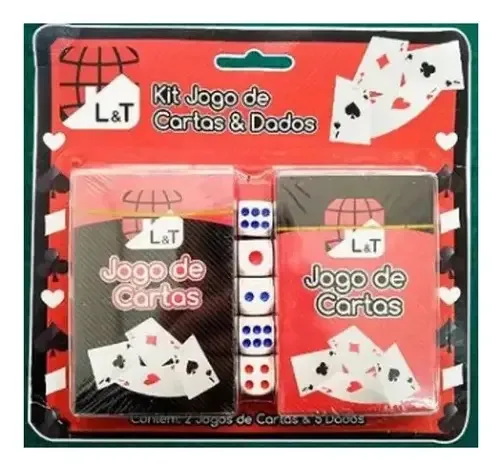 Kit 2 Baralhos L&T Papel 54 Cartas Vermelho + 5 Dados Plástico